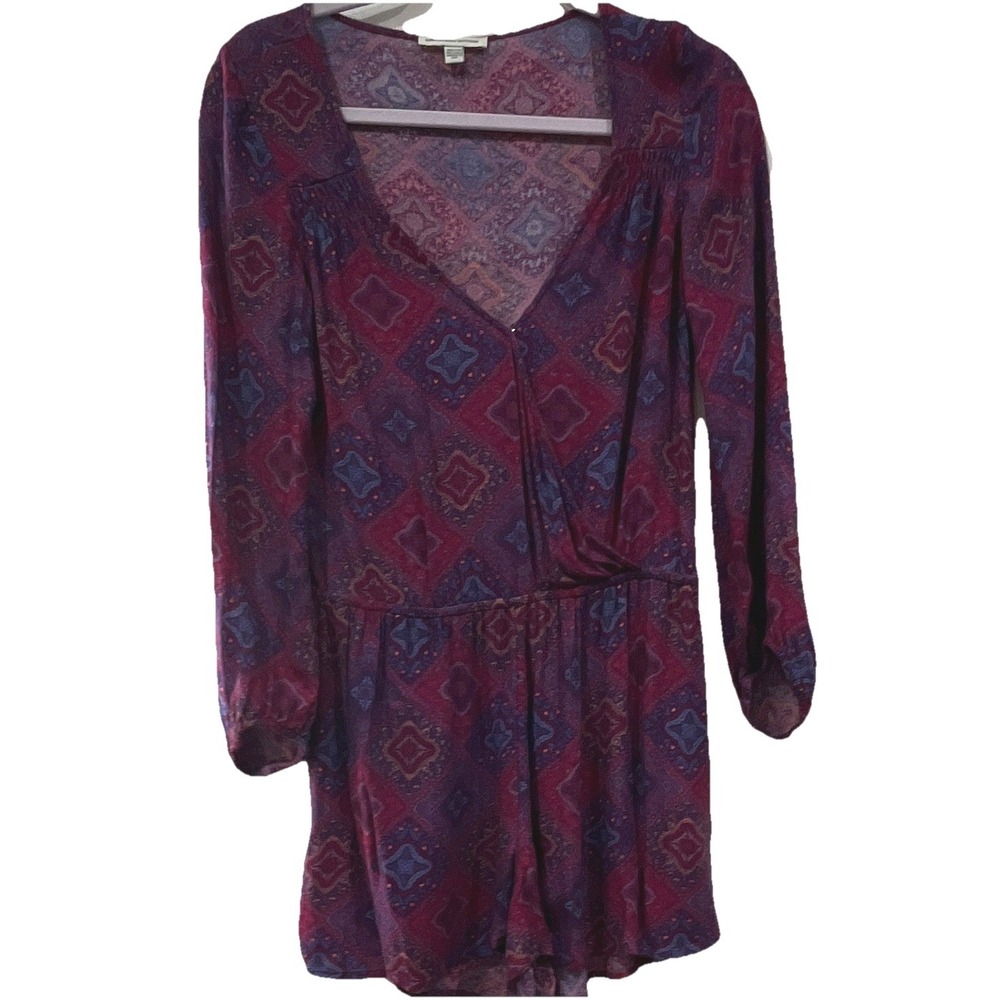 American Eagle Outfitters Boho Geometric Print Long Sleeve Romper Burgundy XXS